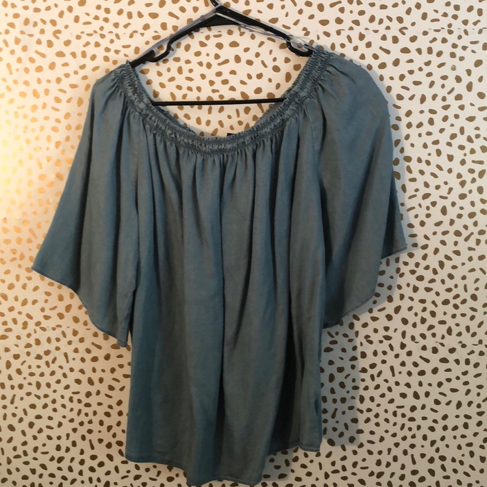 Off the shoulder blue shirt